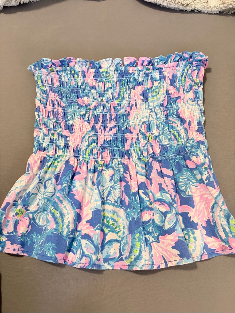 Lilly Pulitzer Blue and Pink Smocked Strapless Top